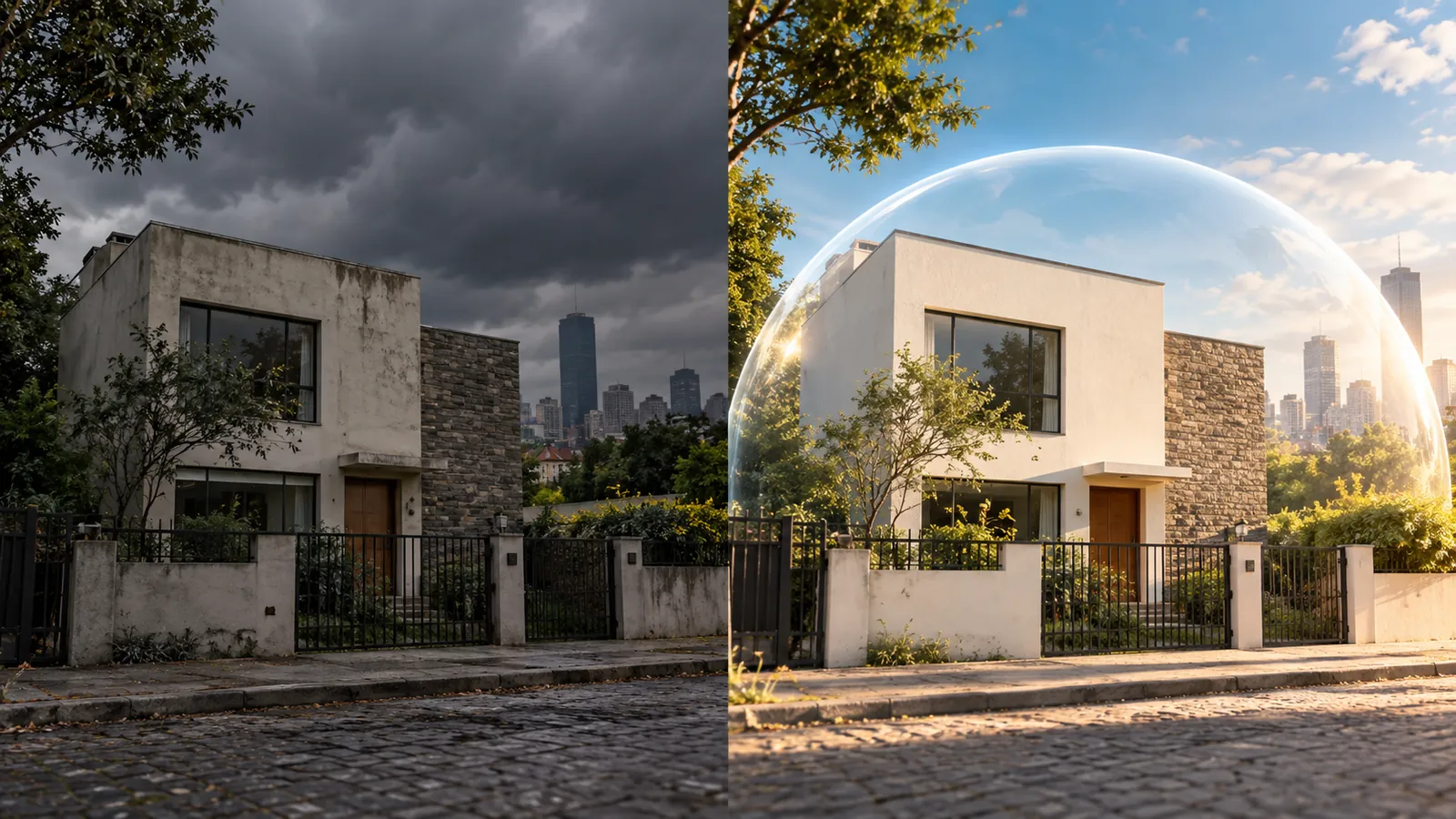 La misma casa sin protección bajo cielo nublado y protegida con luz clara: rentar sin póliza o con póliza jurídica