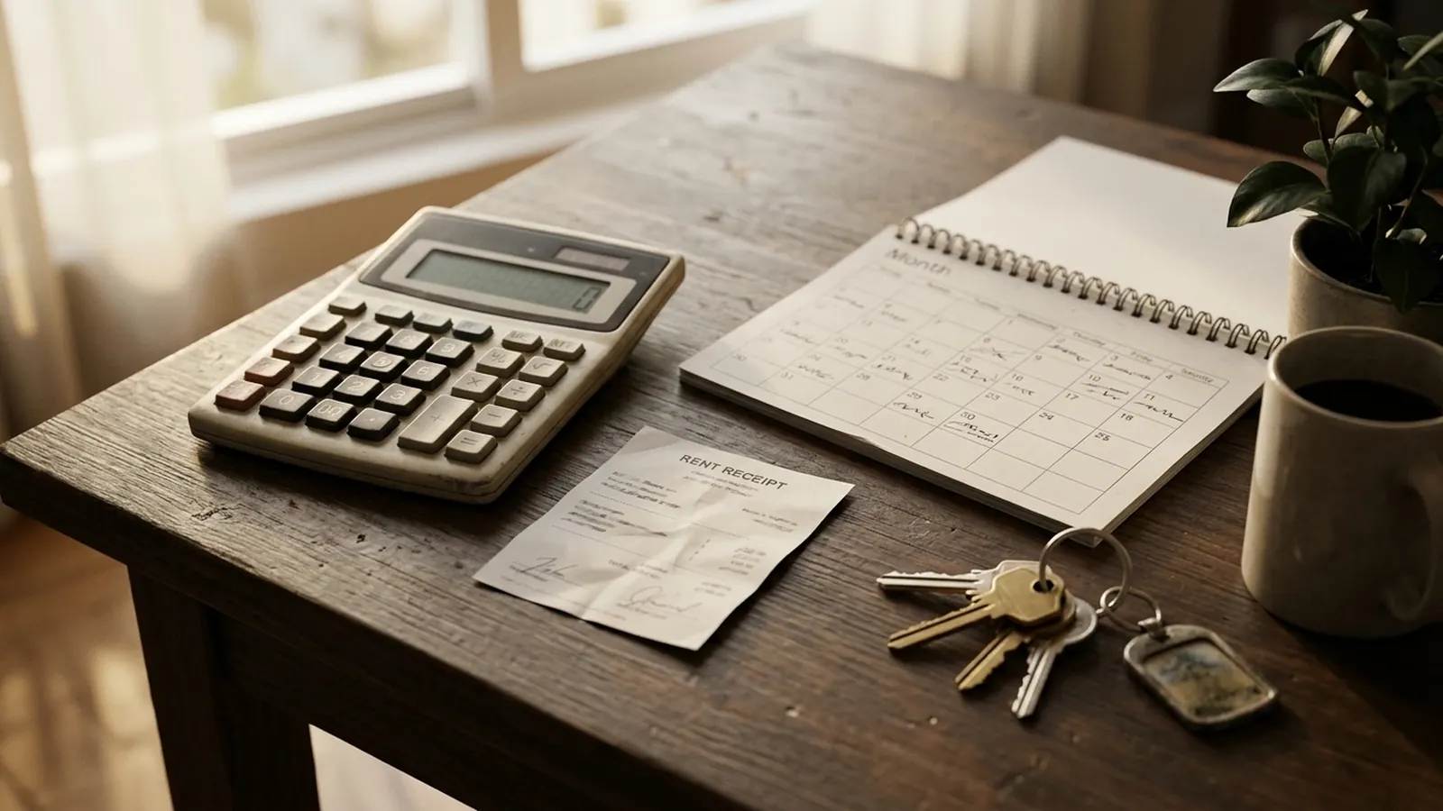 Calculadora, recibo de renta y un calendario sobre una mesa, junto a las llaves de un departamento