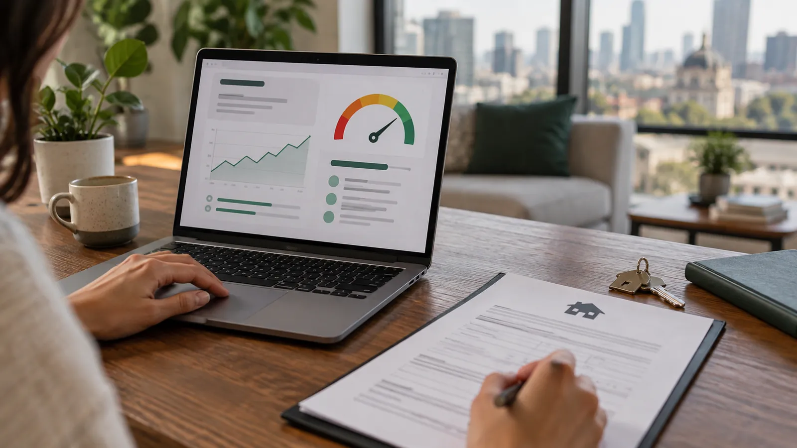 Laptop con una gráfica de historial crediticio y un medidor de score junto a una solicitud de renta