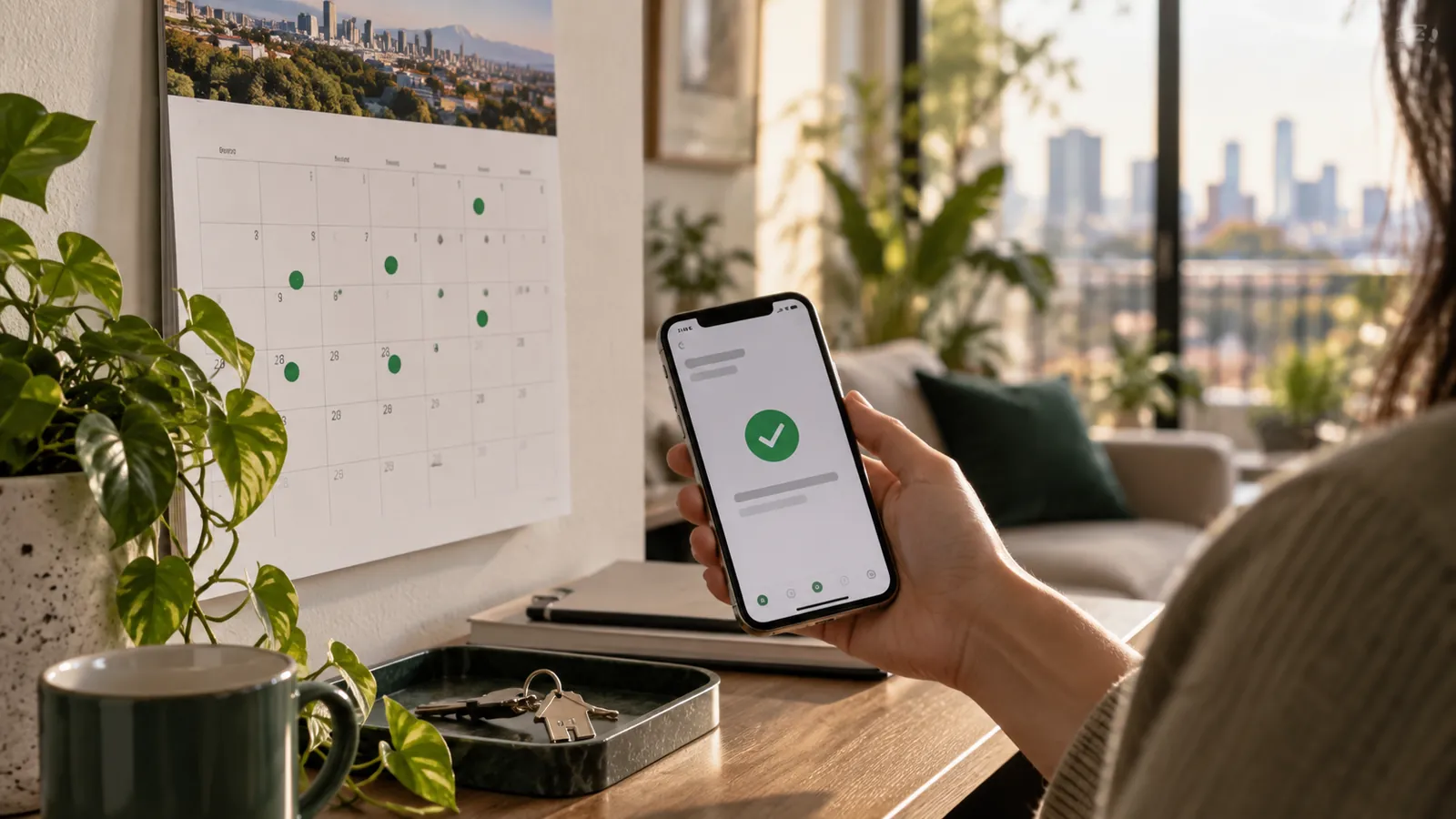 Calendario con días de pago marcados en verde y un celular con notificación de pago recibido