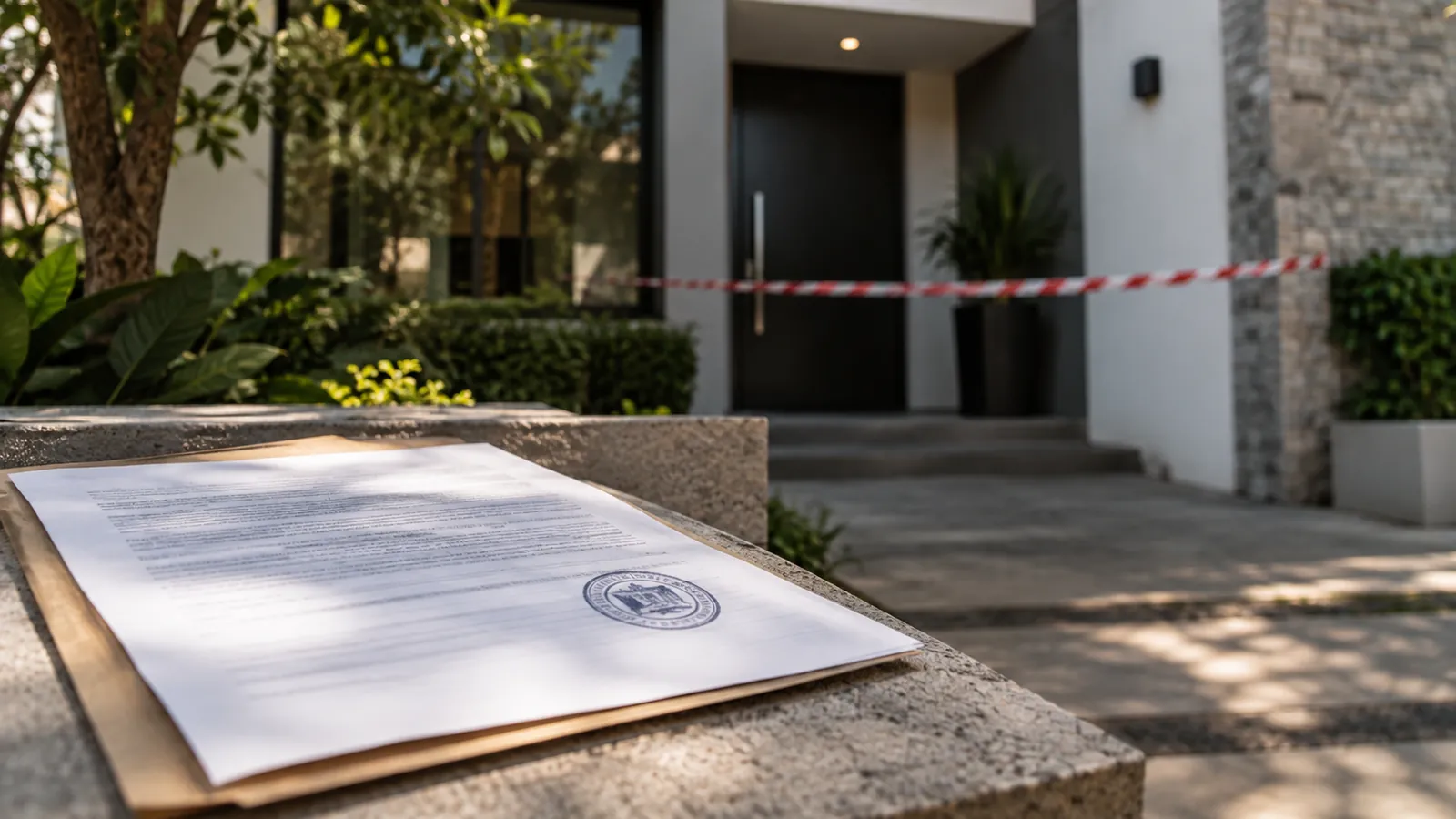 Fachada de una casa con cinta de acordonamiento y un documento oficial sellado en primer plano