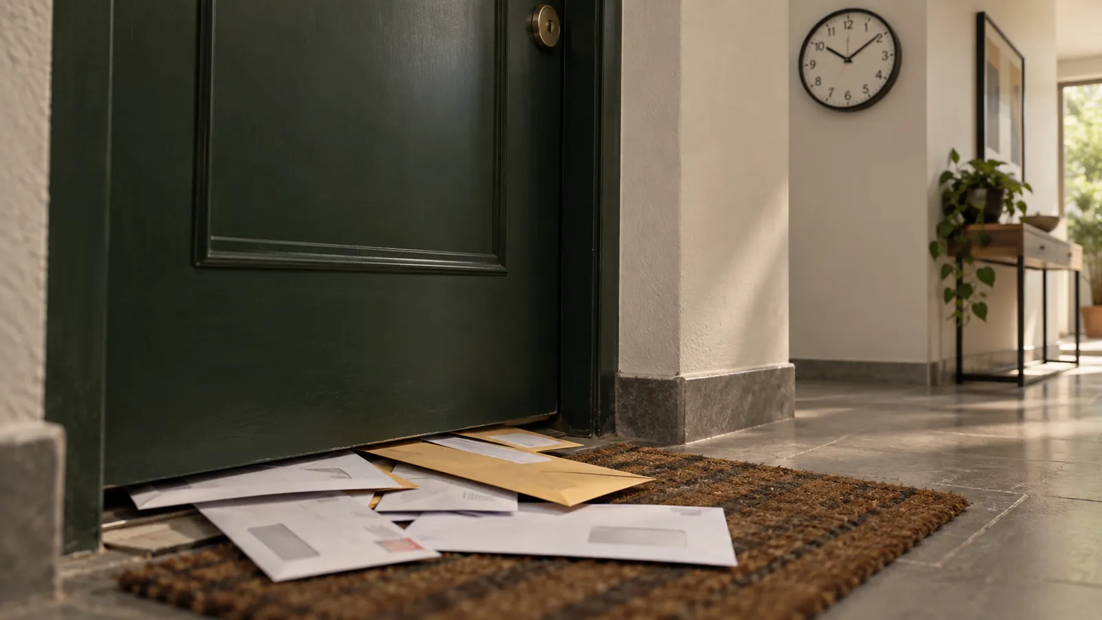 Avisos acumulados bajo la puerta cerrada de un inquilino que no paga la renta, con un reloj de pared