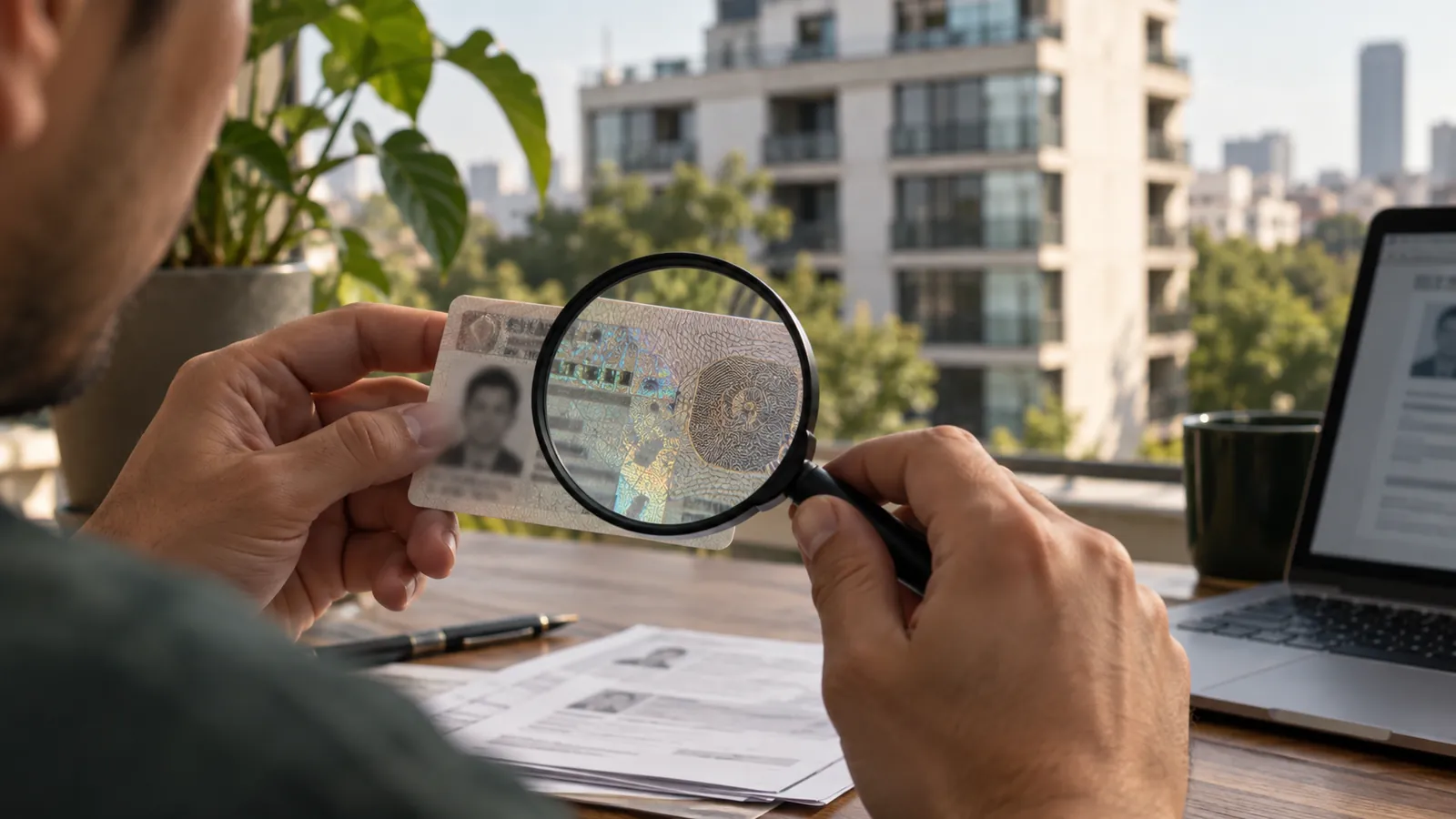 Lupa sobre un documento de identidad con un edificio de departamentos al fondo