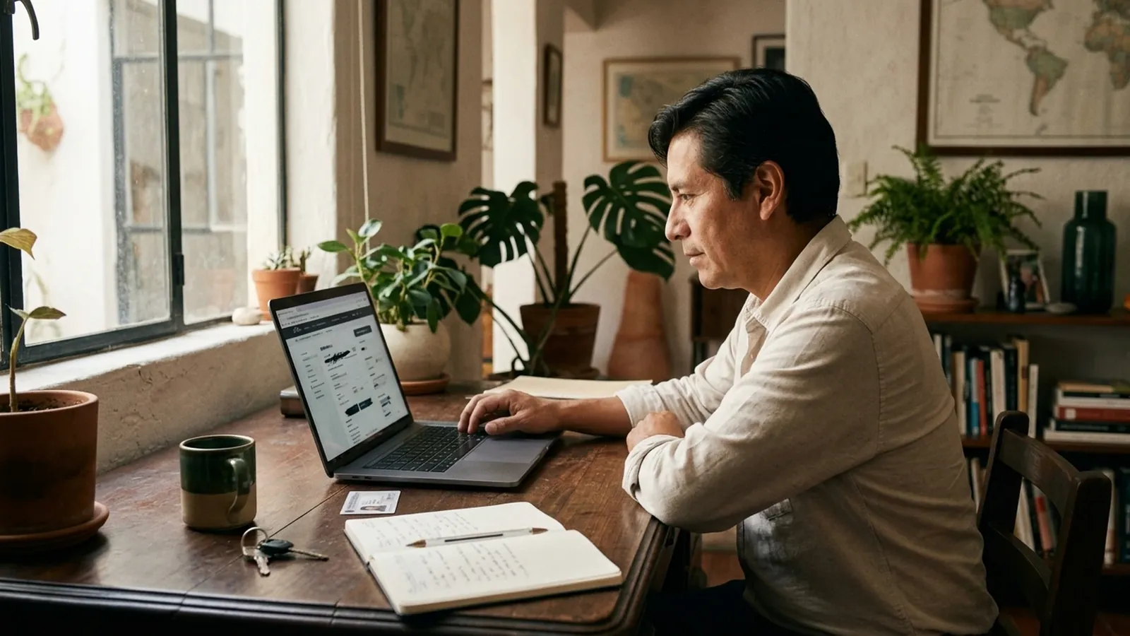 Propietario revisa en su laptop portales oficiales para verificar los datos de un prospecto de inquilino, con una identificación y una libreta sobre el escritorio
