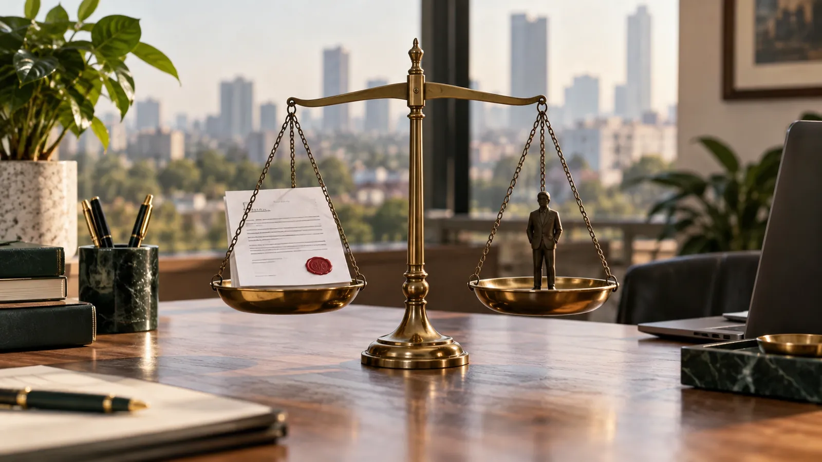 Balanza de justicia con un documento sellado en un plato y una figura de persona en el otro: póliza jurídica vs aval