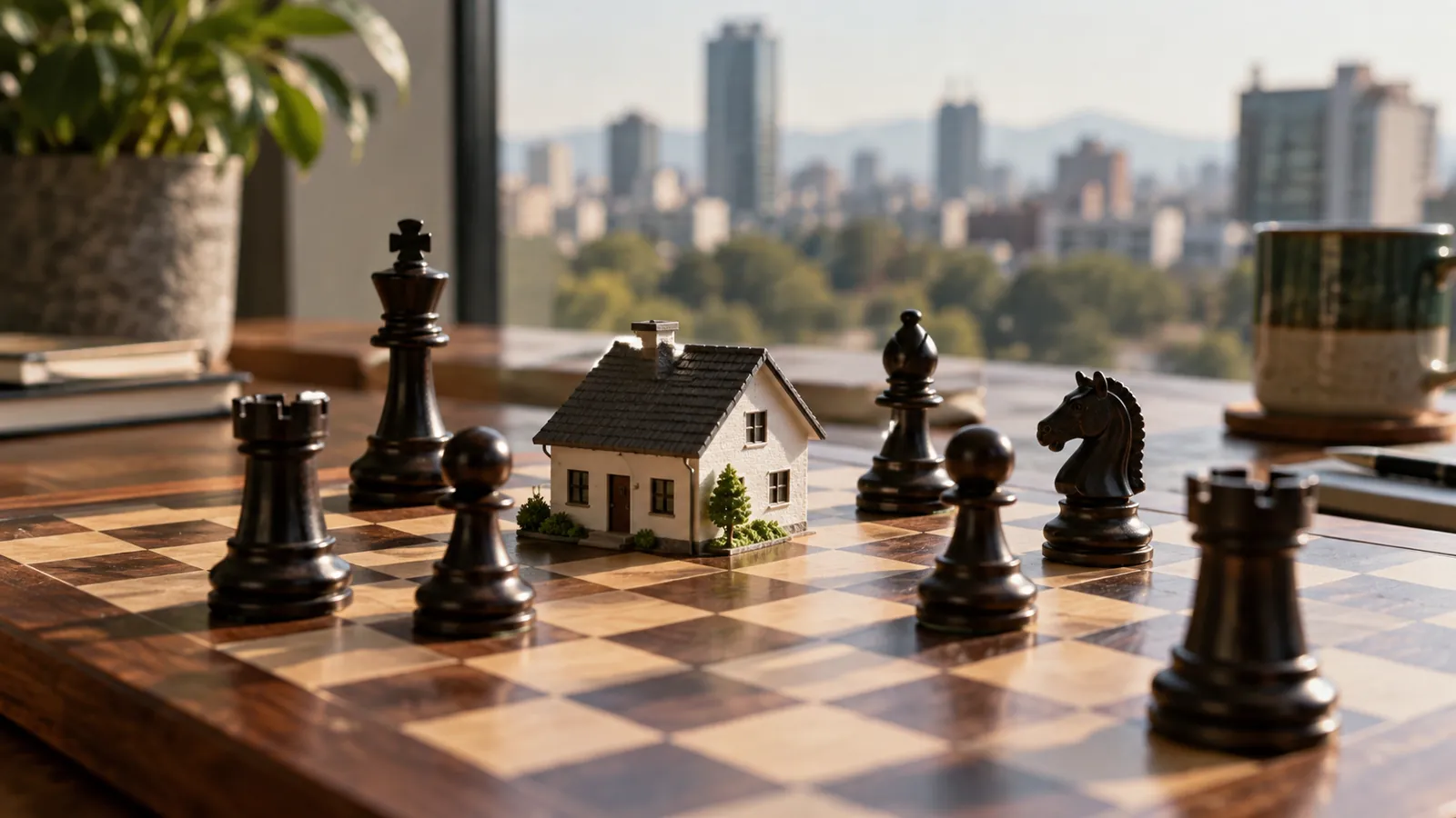 Casa en miniatura sobre un tablero de ajedrez rodeada de piezas en posición de amenaza